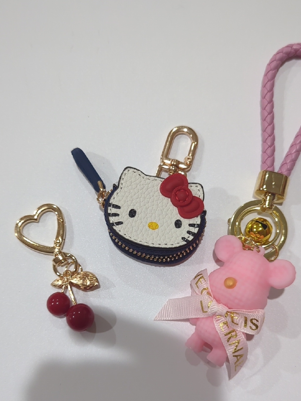 Hello Kitty White Face Mini Coin Pouch Key Charm with Red Bow & Pink Strap